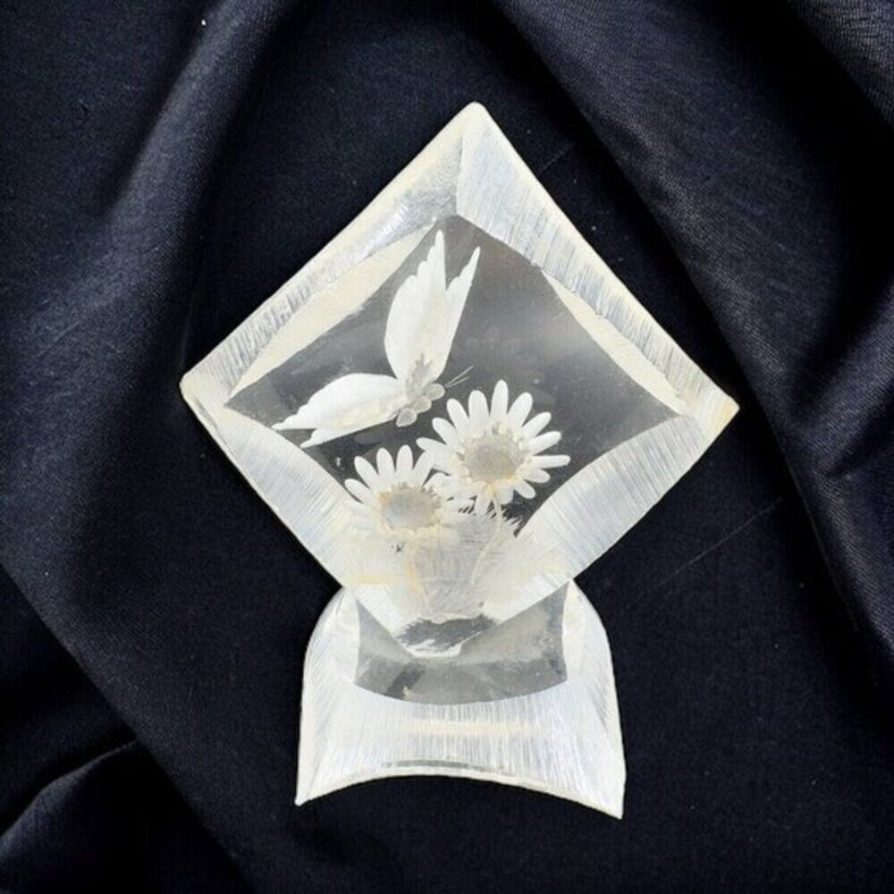 Retro Clear Lucite Butterfly Flowers Figurine Diamond Shaped Artist Signed VTG